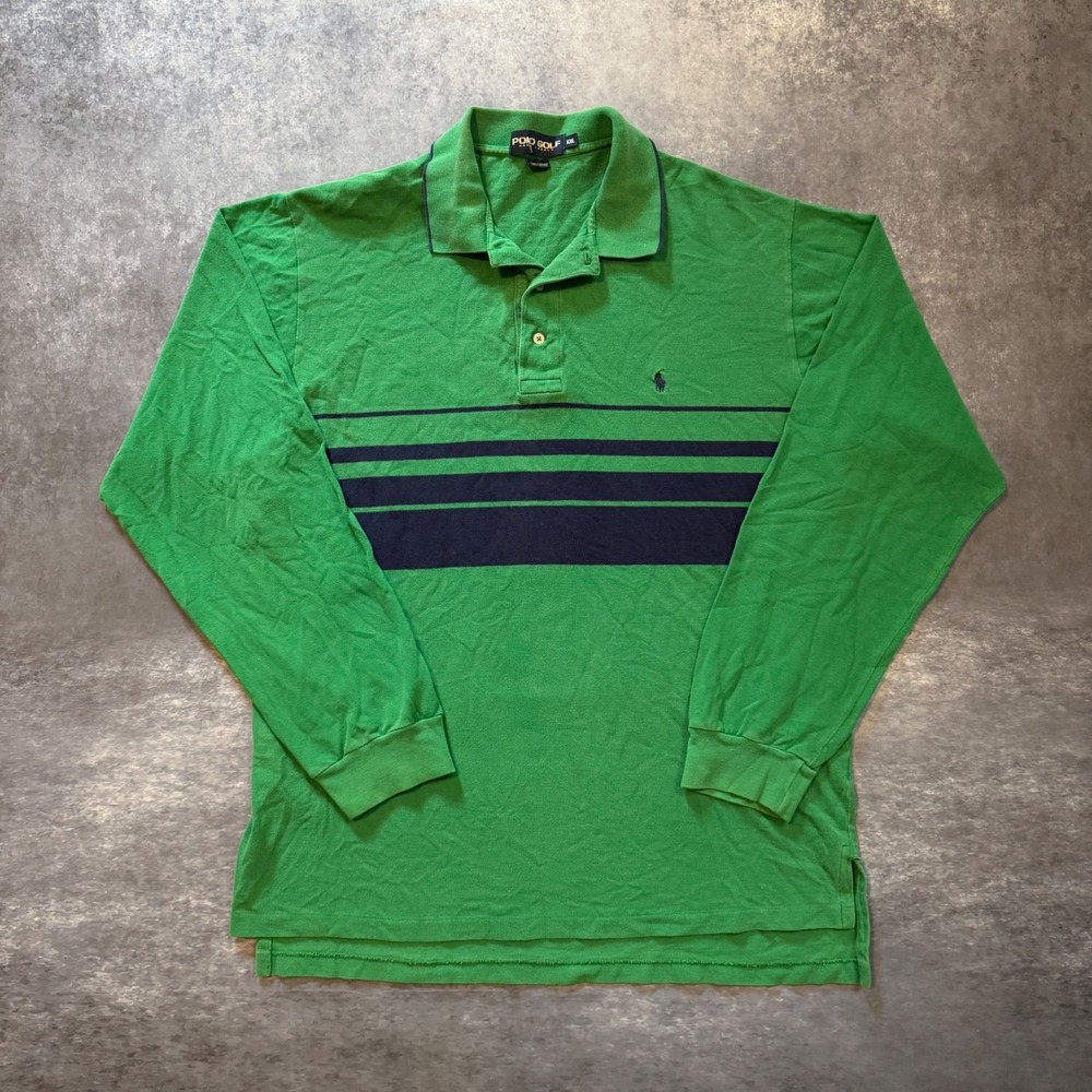 Vintage Y2K Polo Golf Ralph Lauren Shirt Mens XXL Green Striped Long Sleeve Polo